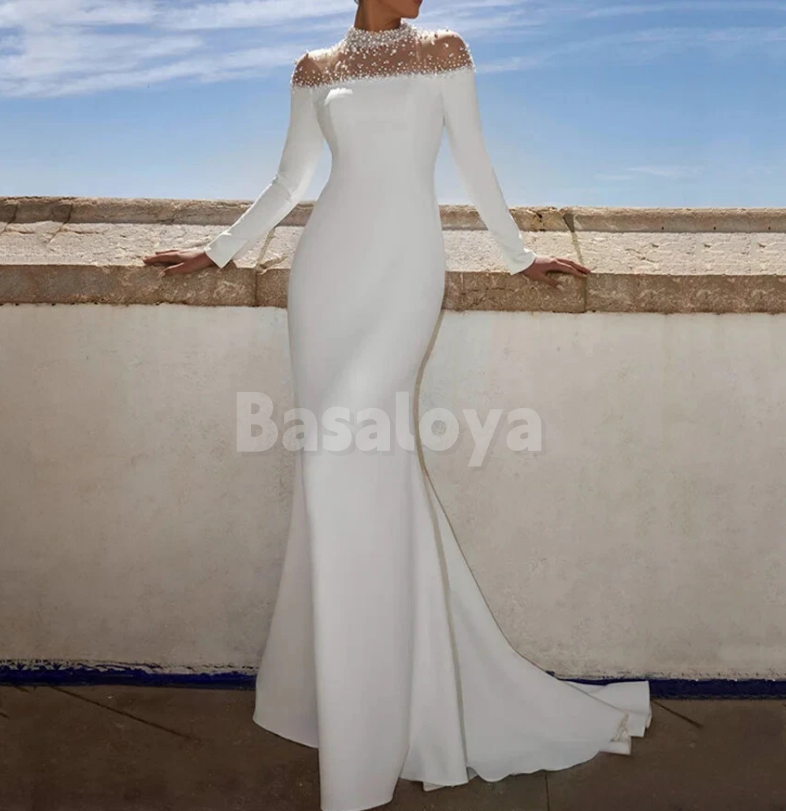 WD0109 Luxury Beaded White High Neck Long Sleeves Mermaid Wedding Gown