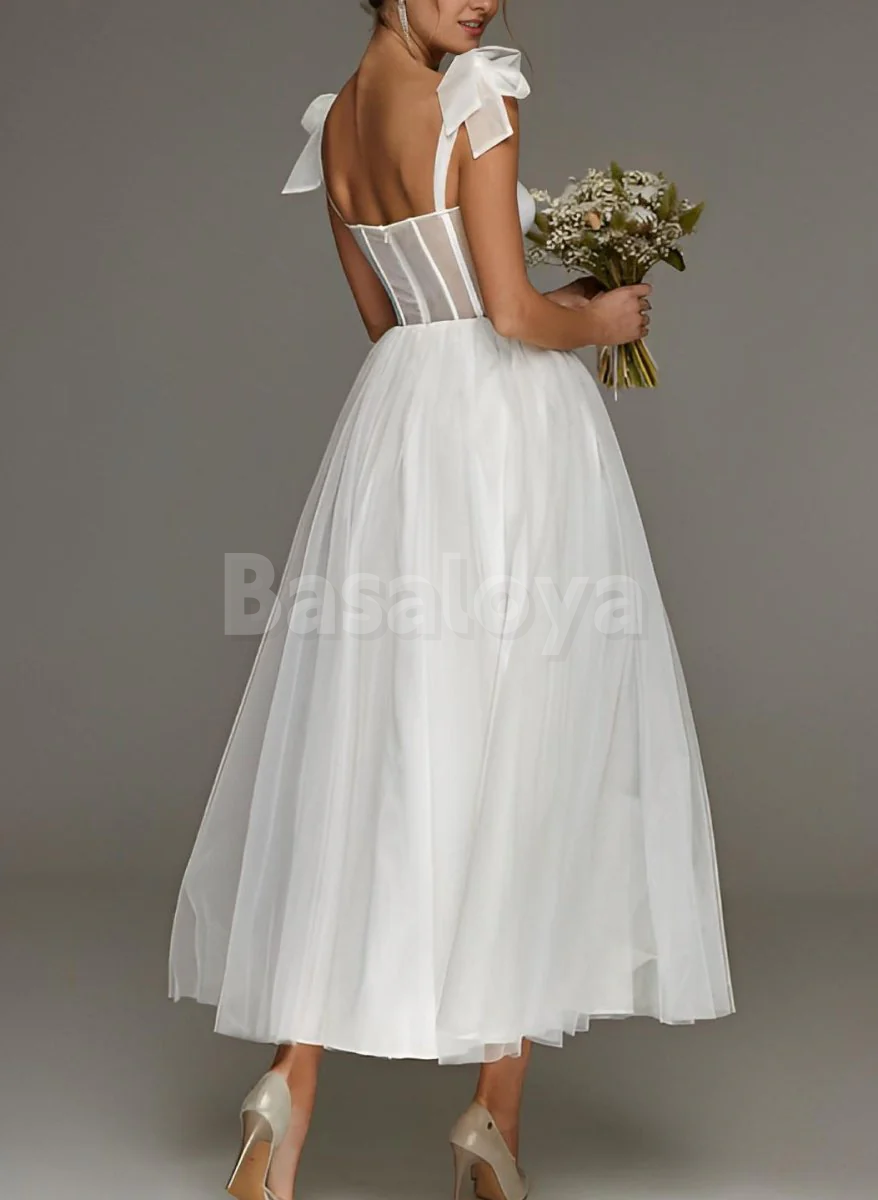 WD0057 Elegant White Sweetheart A-Line Pleats Midi Wedding Dress with Bows