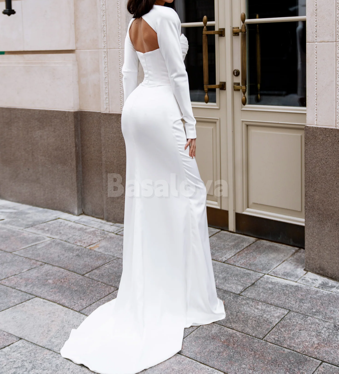 WD0157 Elegant White Long Sleeves Sheath Satin Wedding Dress Bridal Gown