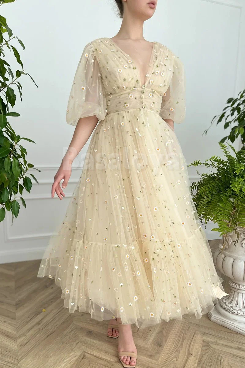 SP0200 Gorgeous Champagne A-Line V-Neck Half Sleeves Prom Dress