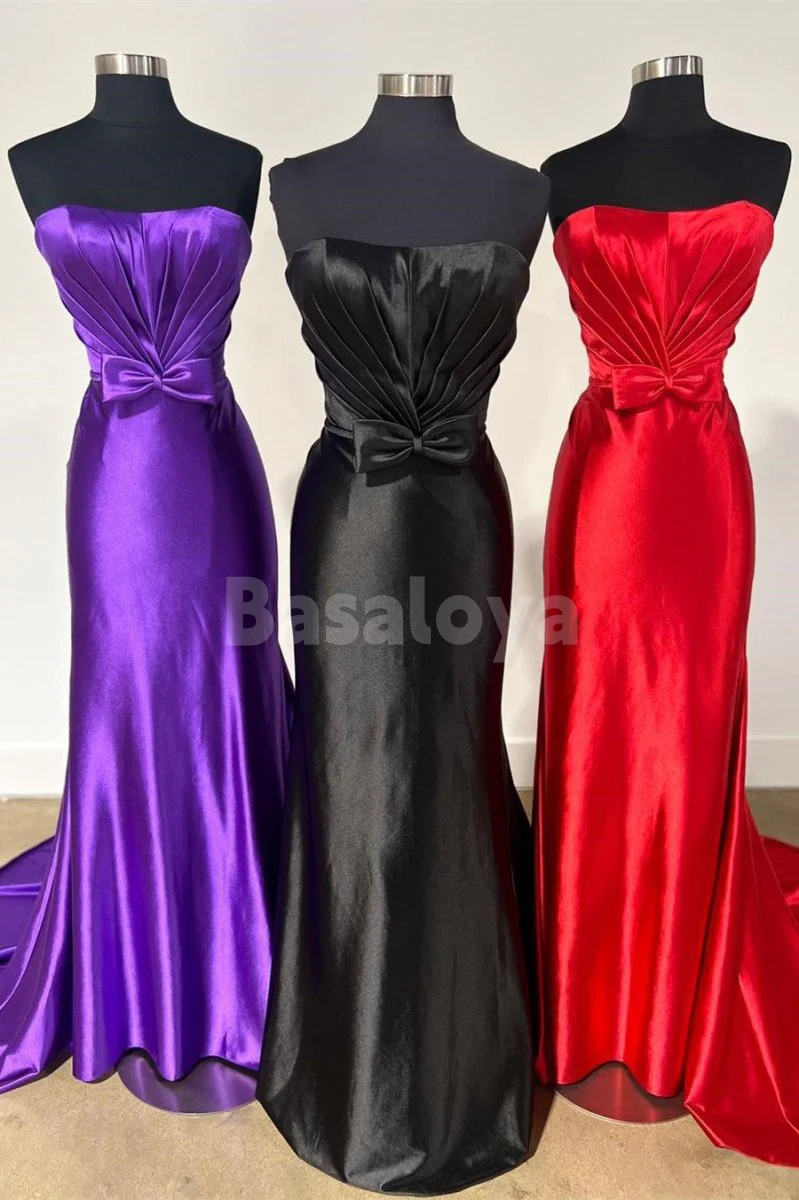 SP0239 Stunning Bow Gold Strapless Sheath Prom Dress Evening Gown with Train