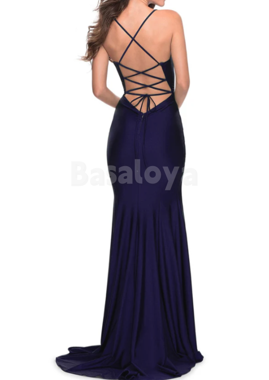 SP0138 Elegant Black Spaghetti Straps Bodycon Prom Dress with Slit