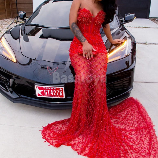 ED0025 Sexy Red Beaded Sweetheart Mermaid Evening Dress with Train