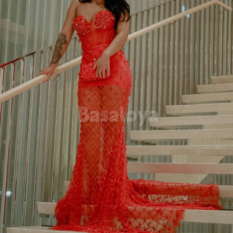 ED0025 Sexy Red Beaded Sweetheart Mermaid Evening Dress with Train