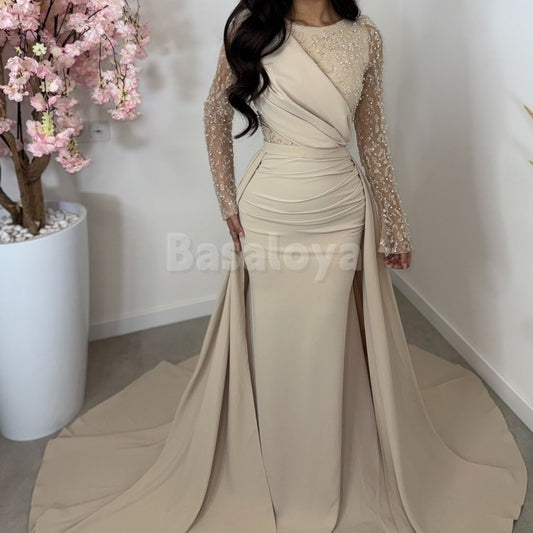 ED0009 Elegant Pearls Beige Long Sleeves Sheath Satin Evening Dress with Overskirt