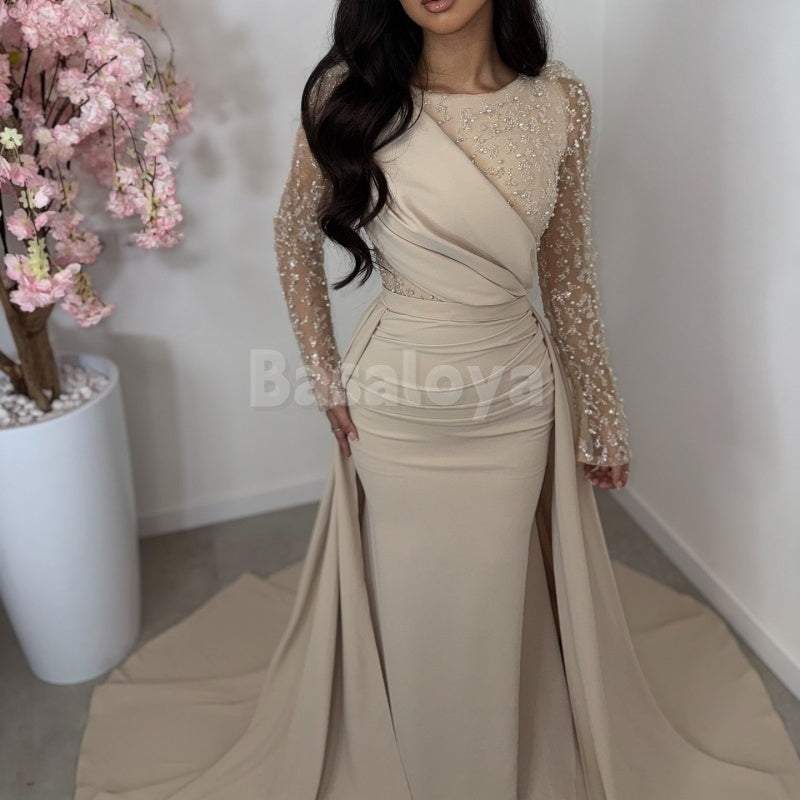 ED0009 Elegant Pearls Beige Long Sleeves Sheath Satin Evening Dress with Overskirt