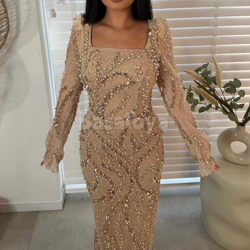 ED0008 Luxury Pearls Dark Navy Square Neck Long Sleeves Long Evening Dress
