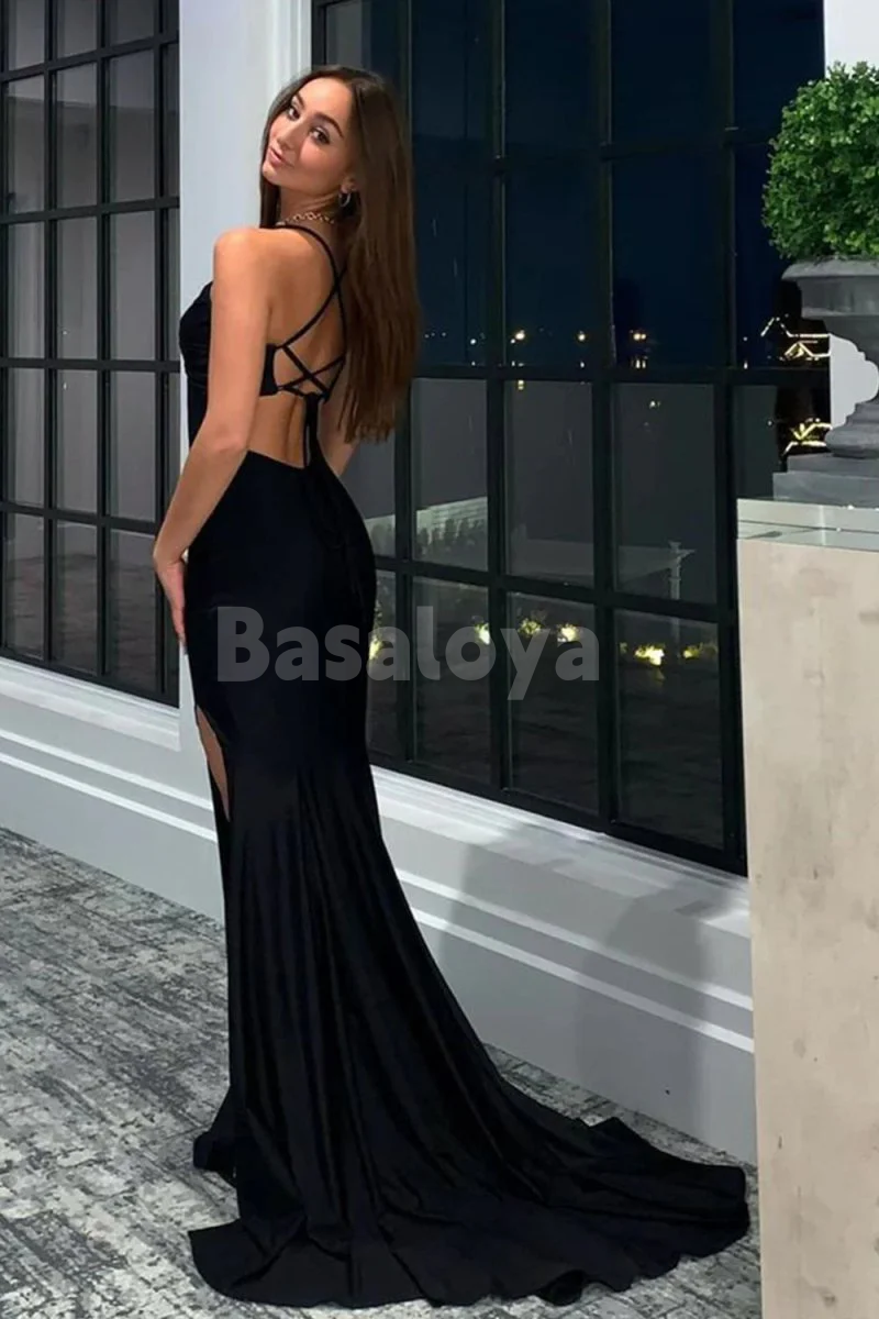 SP0203 Simple Black Sweetheart Sheath Long Prom Formal Dress with Slit