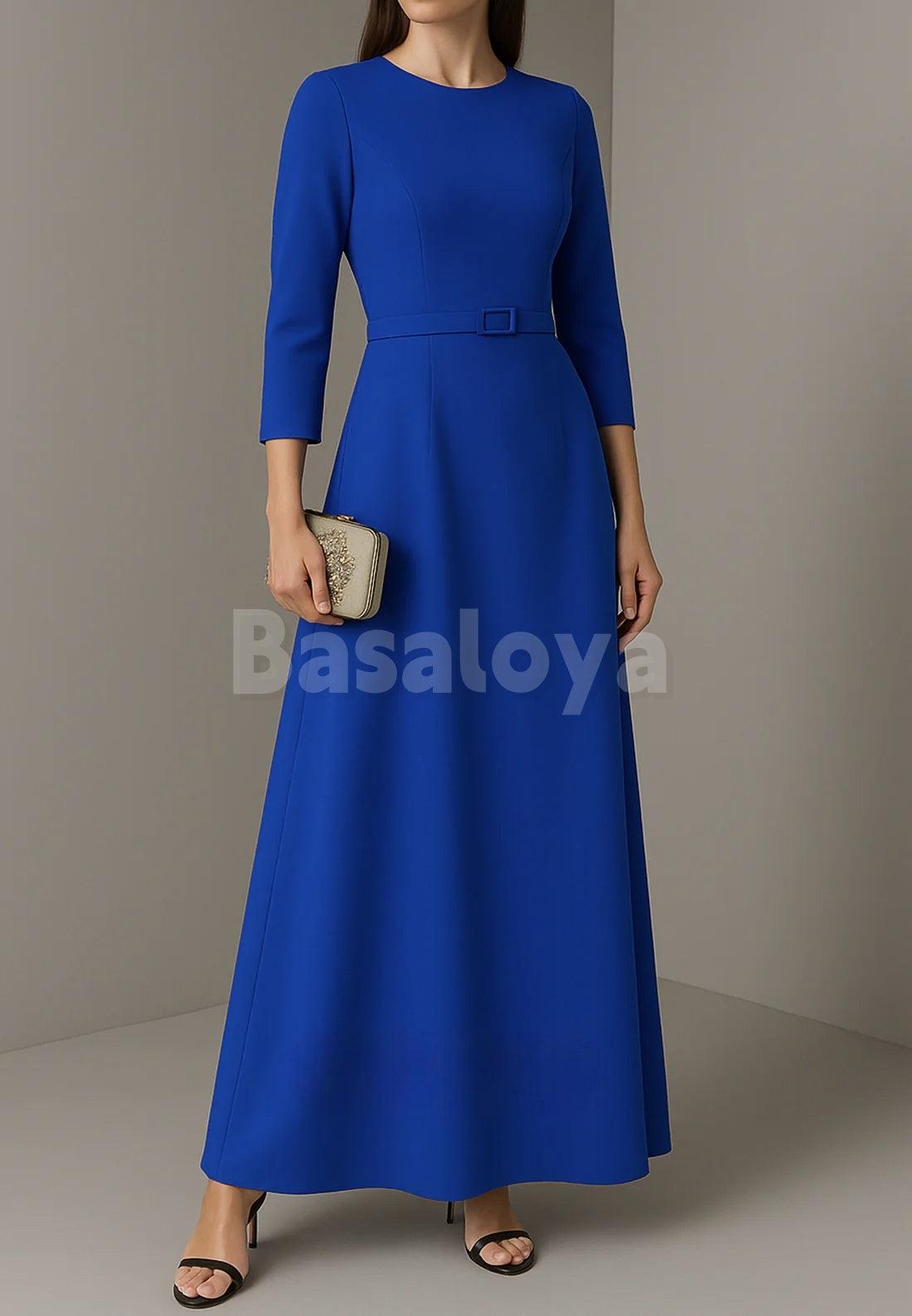 ED0068 Classic Royal Blue Long Sleeves A-Line Evening Dress with Belt