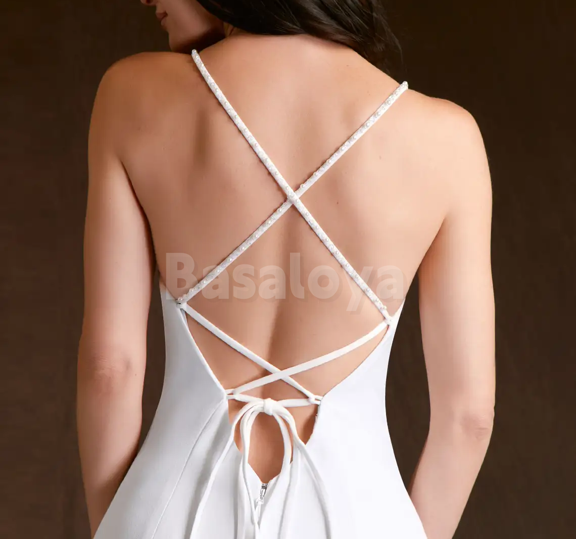 WD0112 Classic White Spaghetti Straps V-Neck Sheath Wedding Dress with Train