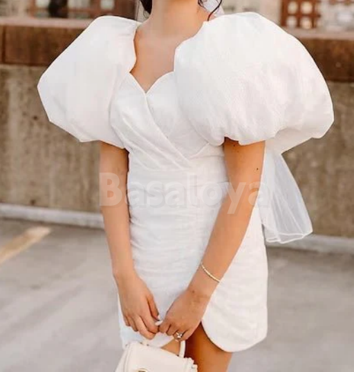 WD0060 Graceful White Puff Sleeves Sweetheart Bodycon Mini Wedding Dress