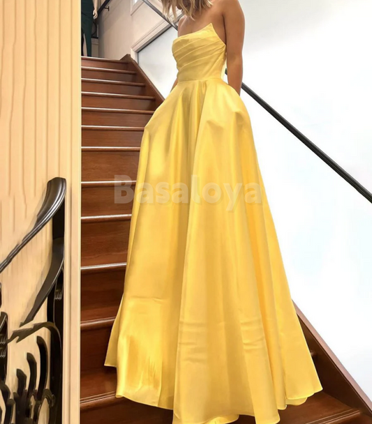 SP0169 Simple Yellow Strapless A-Line Pleated Long Prom Dress Formal Gown