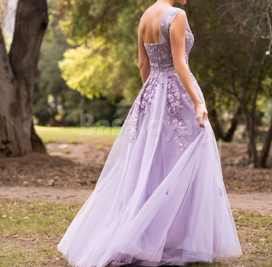 SP0190 Graceful Lilac One Shoulder A-Line Lace Applique Prom Dress