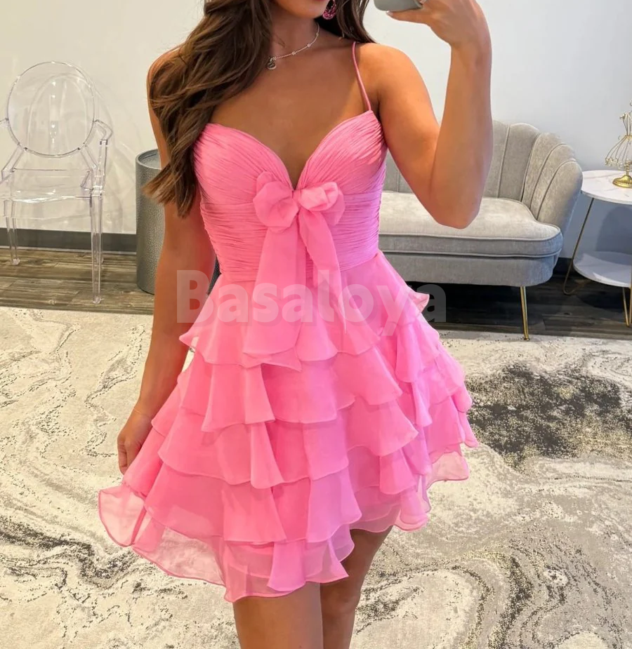HM0053 Elegant Pink Spaghetti Straps A-Line Tiered Party Gown with Bow