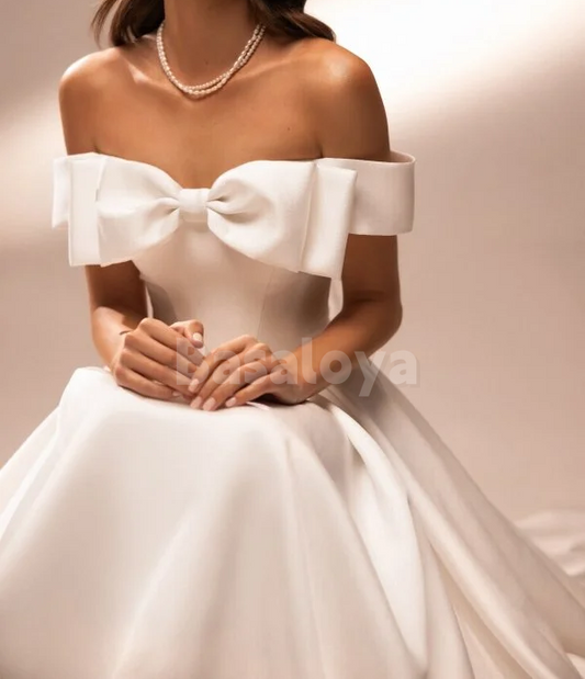 WD0176 Elegant Off-Shoulder A-Line Bow Long Wedding Dress with Pockets