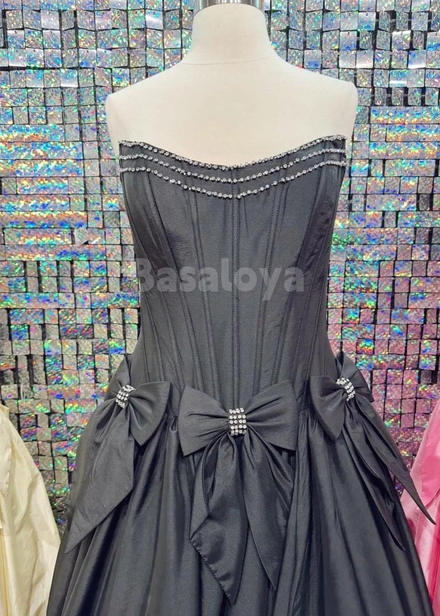 SP0172 Elegant Fuchsia Beaded Strapless A-Line Ball Gown with Bow Prom Dress