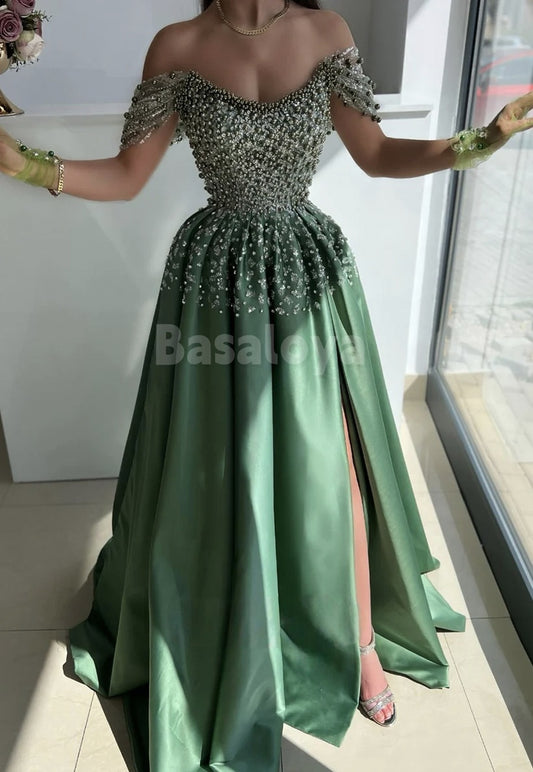 ED0100 Luxury Green Off-Shoulder A-Line Side Slit Evening Dress with Beaded