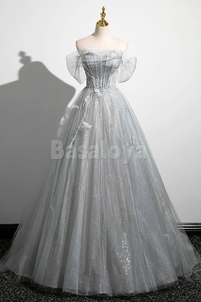 SP0168 Luxury Silver Tube Top A-Line Appliques Ball Gown Prom Dress with Pearls