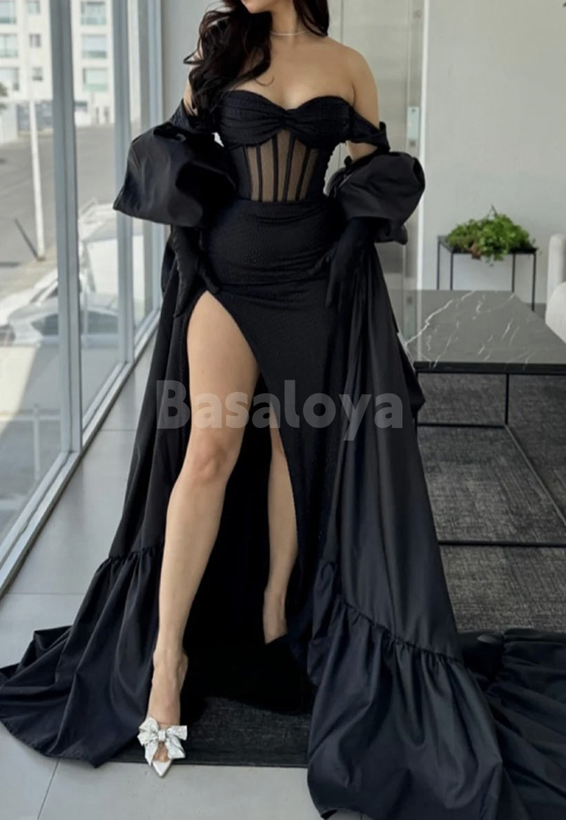 ED0088 Glamorous Black Off-Shoulder Gloves Evening Gown with Overskirt