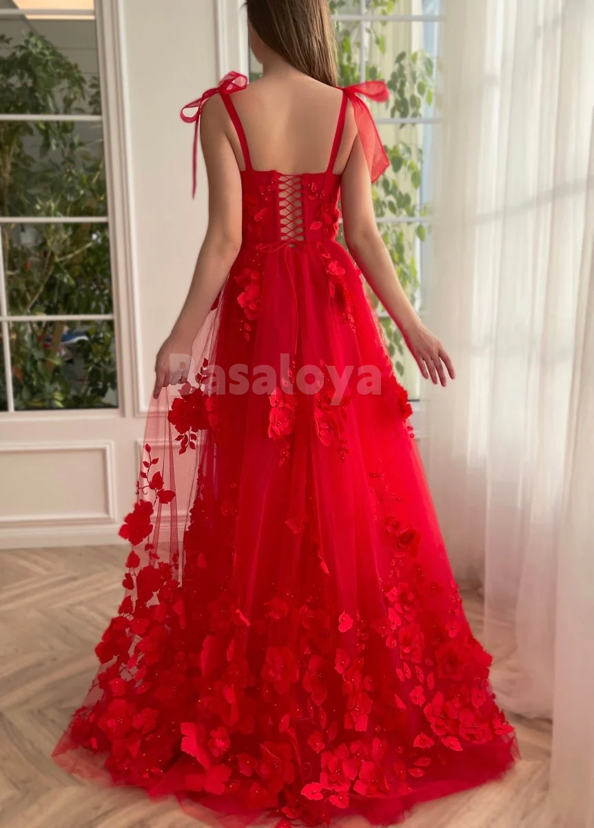 SP0155 Elegant 3D Floral Red A-Line Side Slit Prom Dress Party Gown with Bows