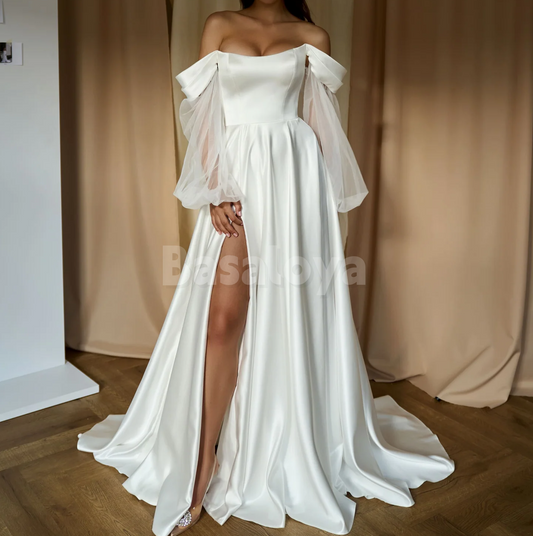 WD0153 Graceful White Long Sleeves A-Line Pleats Wedding Dress with Slit