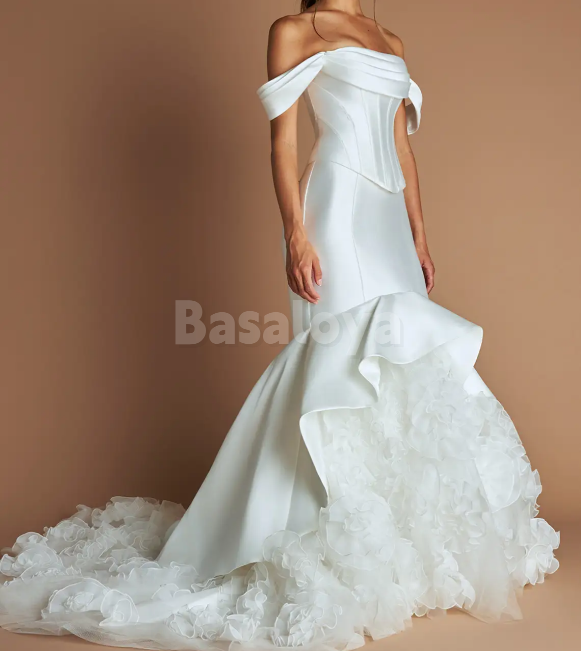 SP0267 Luxury White Off Shoulder Mermaid Prom Dress with Pleated Train