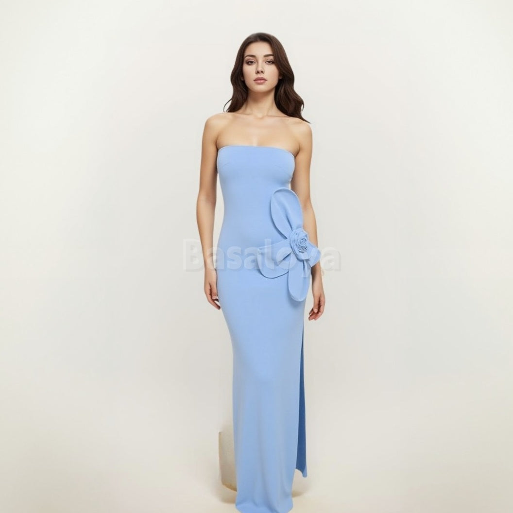 SP0023 Elegant 3D Floral Blue Strapless Sheath Satin Prom Dress with Slit