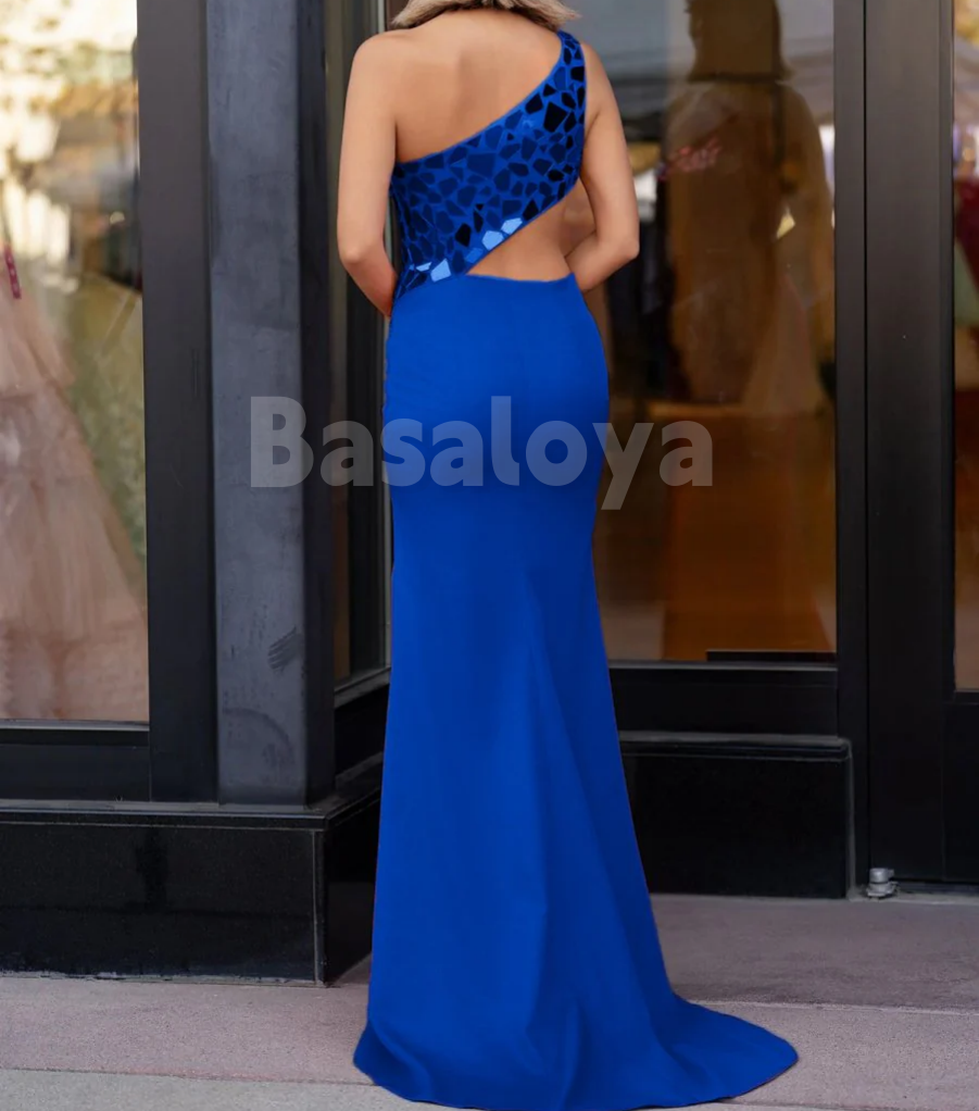 SP0179 Elegant Rinestone Royal Blue One Shoulder Bodycon Prom Dress with Slit