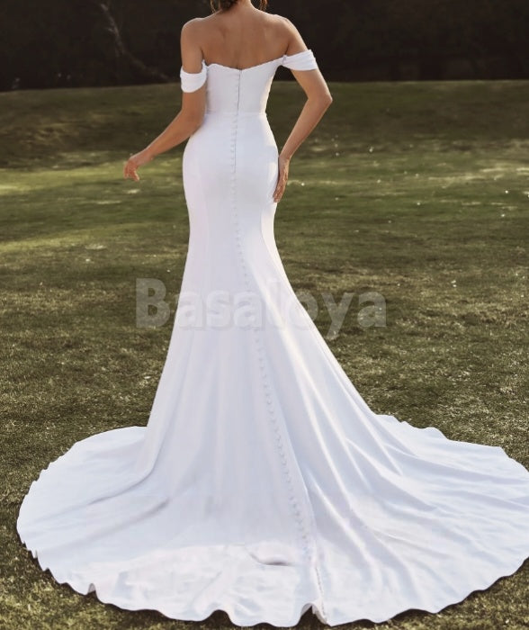 WD0031 Elegant White Off-Shoulder Mermaid Satin Wedding Dress with Train