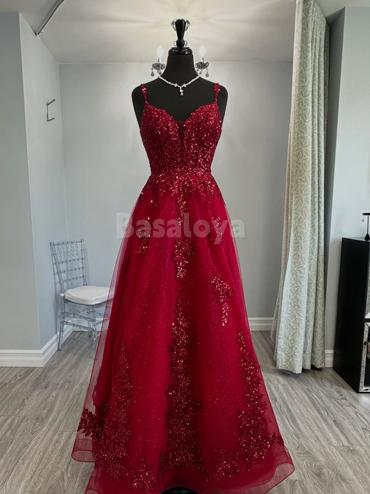 ED0040 Sparkly Burgundy A-Line Sequined Lace Appliques Evening Gown