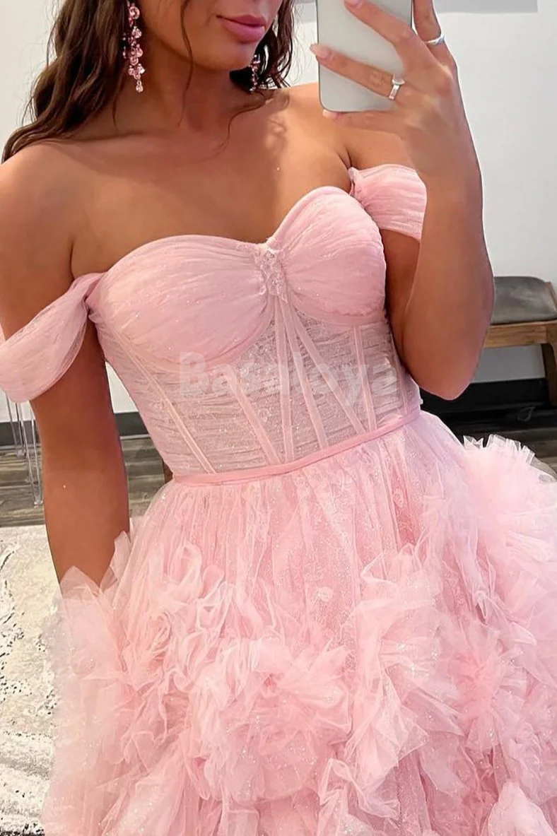SP0193 Glamorous White Off-Shoulder A-Line Tiered Ball Gown Prom Dress