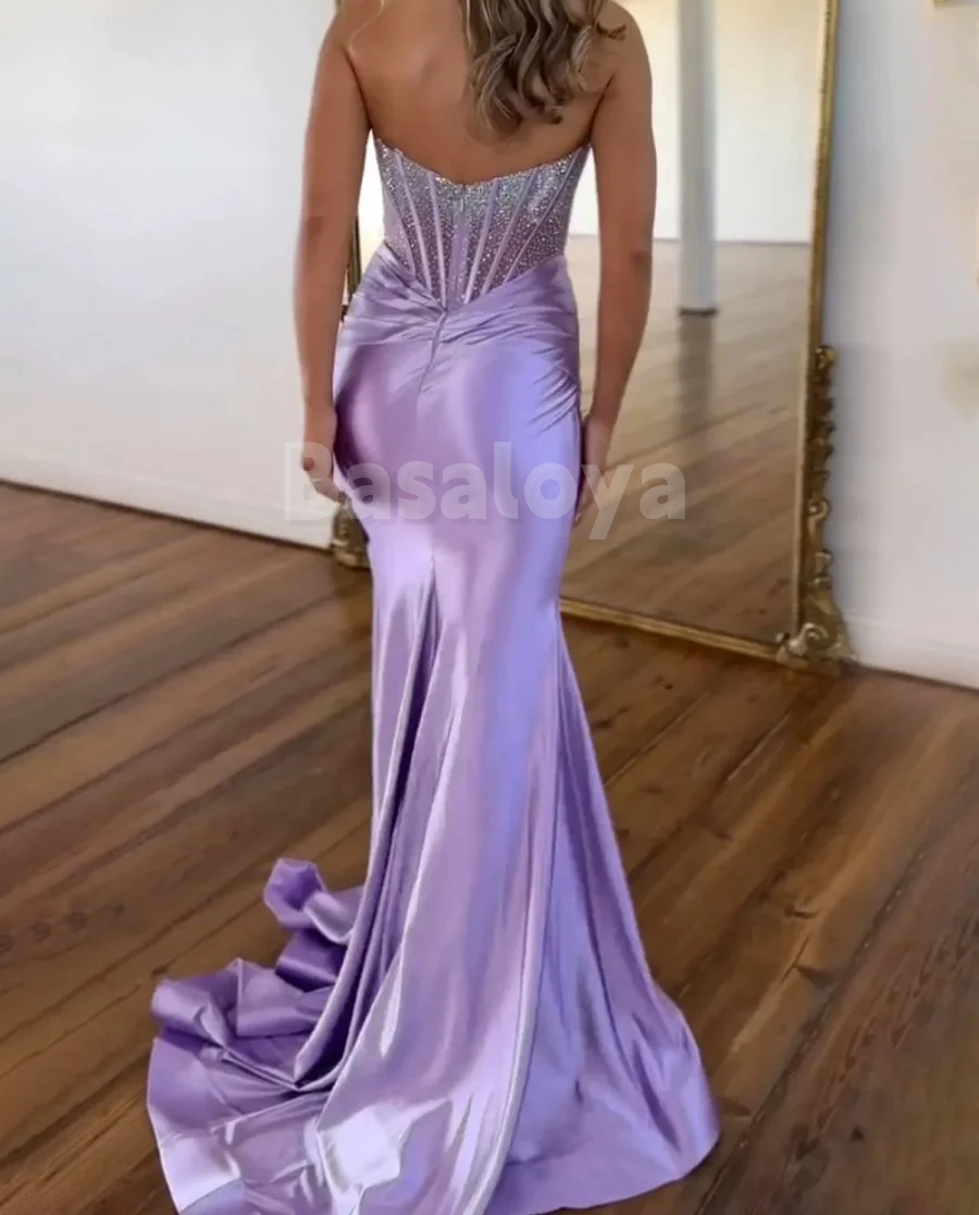 SP0171 Elegant Lilac Tube Top Bodycon Beaded Prom Party Dress with Train