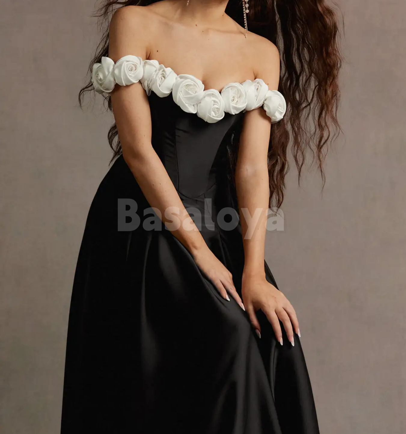 SP0250 Graceful 3D Floral Black A-Line Off-Shoulder Prom Evening Dress
