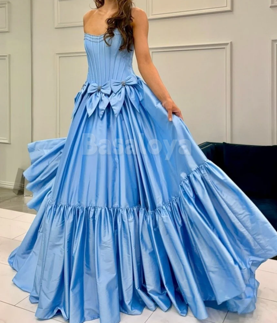 SP0172 Elegant Fuchsia Beaded Strapless A-Line Ball Gown with Bow Prom Dress