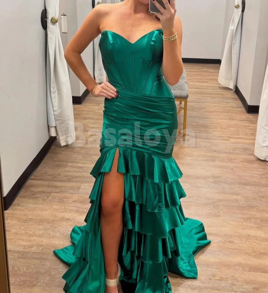 SP0163 Classic Fuchsia Sweetheart Mermaid Tiered Prom Dress with Slit