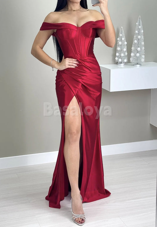 SP0106 Classic Green Off-Shoulder Sheath Pleated Prom Dress with Slit