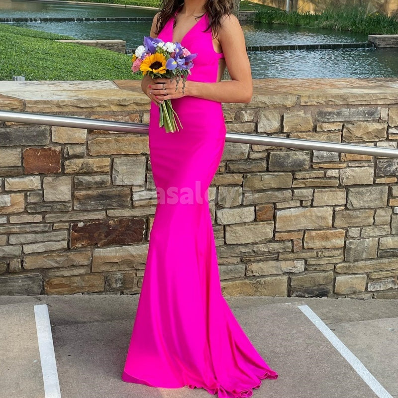SP0009 Chic Fuchsia Halter V-Neck Mermaid Satin Formal Prom Dress with Train