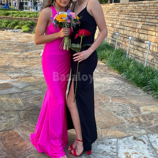 SP0009 Chic Fuchsia Halter V-Neck Mermaid Satin Formal Prom Dress with Train