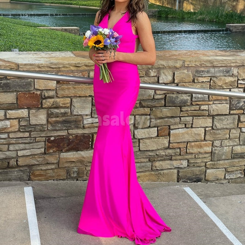 SP0009 Chic Fuchsia Halter V-Neck Mermaid Satin Formal Prom Dress with Train
