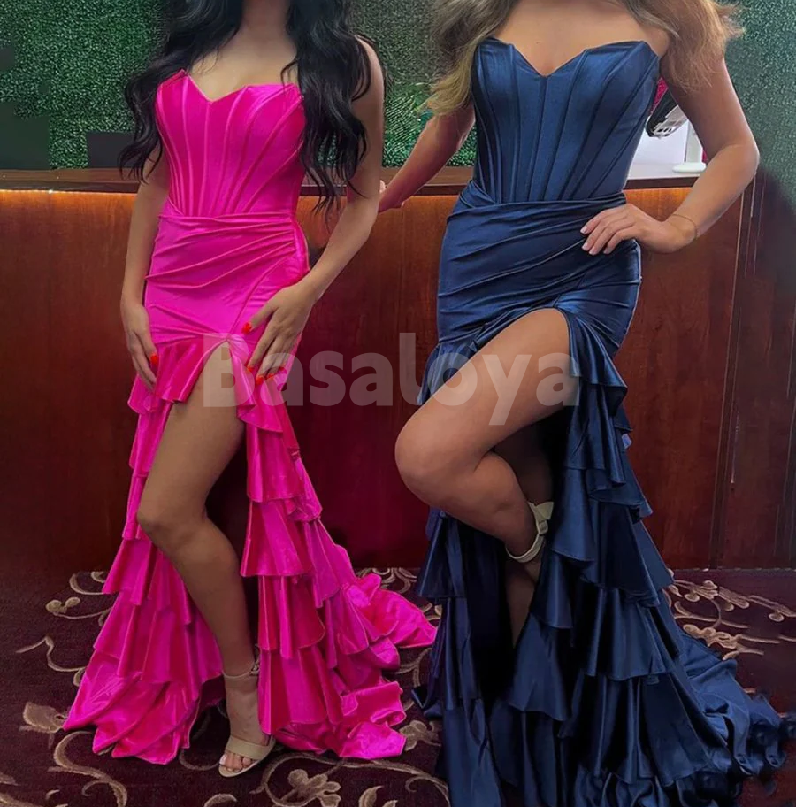 SP0163 Classic Fuchsia Sweetheart Mermaid Tiered Prom Dress with Slit