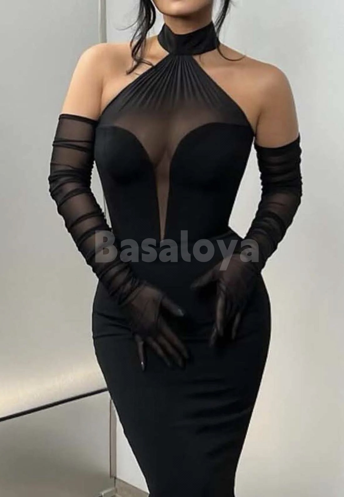 ED0057 Sexy Black High Neck Mermaid Evening Party Dress with Gloves