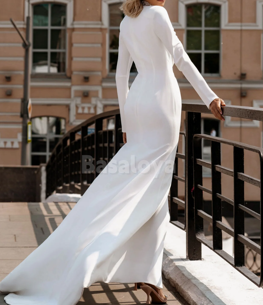 WD0151 Classic Deep V-Neck Long Sleeves Ruched Satin Wedding Dress