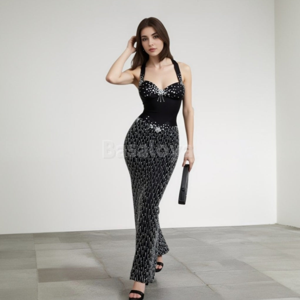 SP0050 Stunning Black Halter Neck Sheath Prom Dress Evening Gown with Pearls