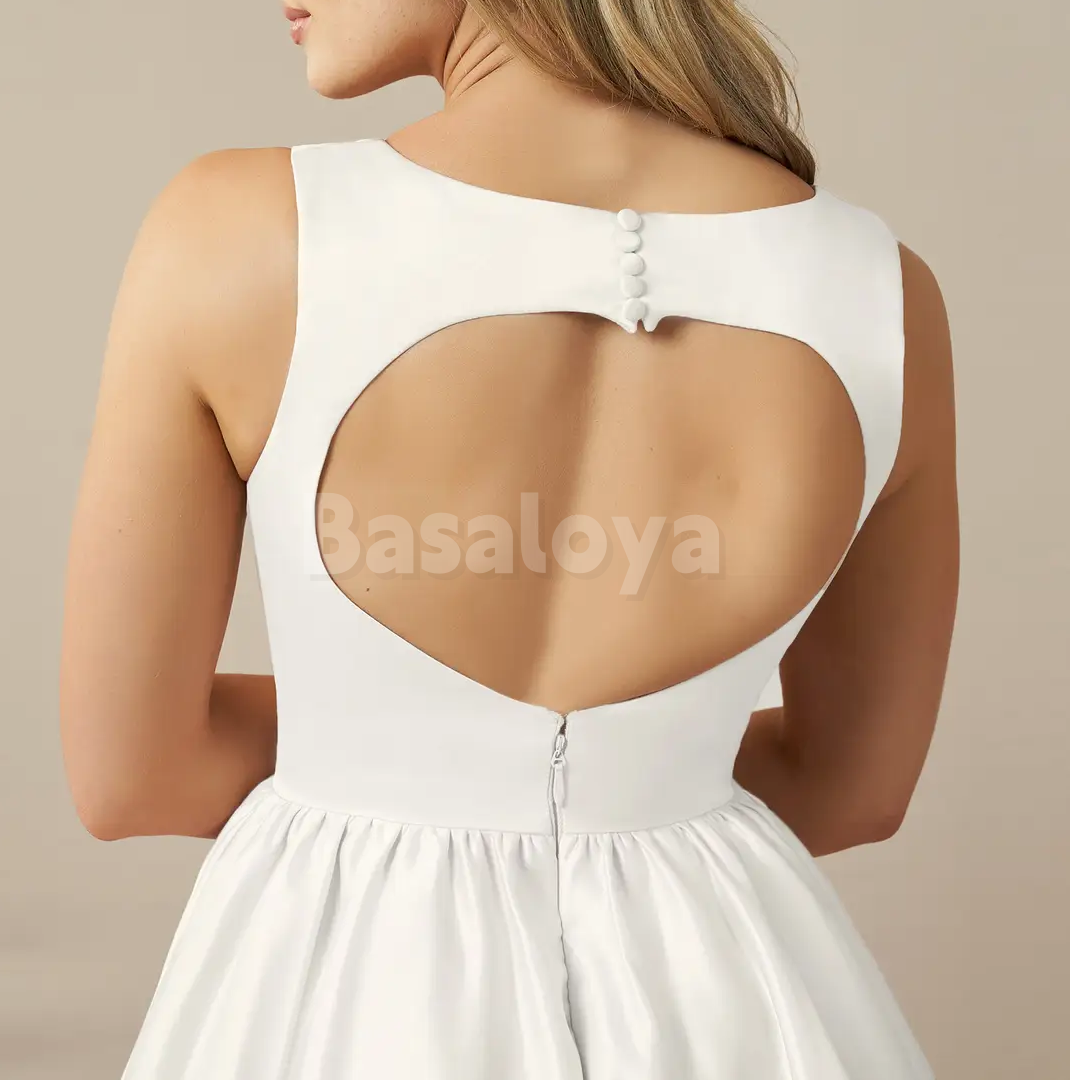 WD0121 Elegant White Square Neck A-Line Short Wedding Dress with Pockets