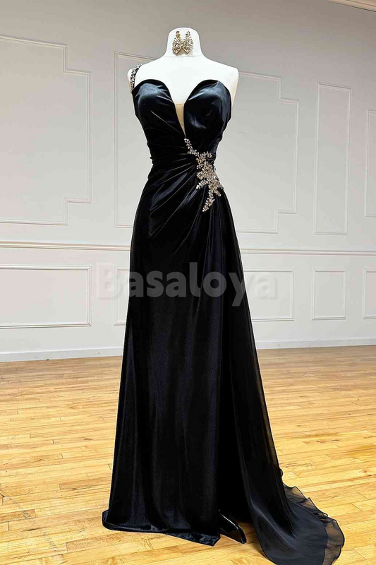 SP0222 Luxury Crystal Black One Shoulder Sheath Pleats Prom Formal Gowns