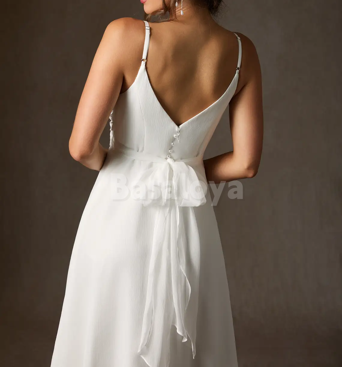 WD0130 Simple White V-Neck Spaghetti Straps A-Line Midi Wedding Dress