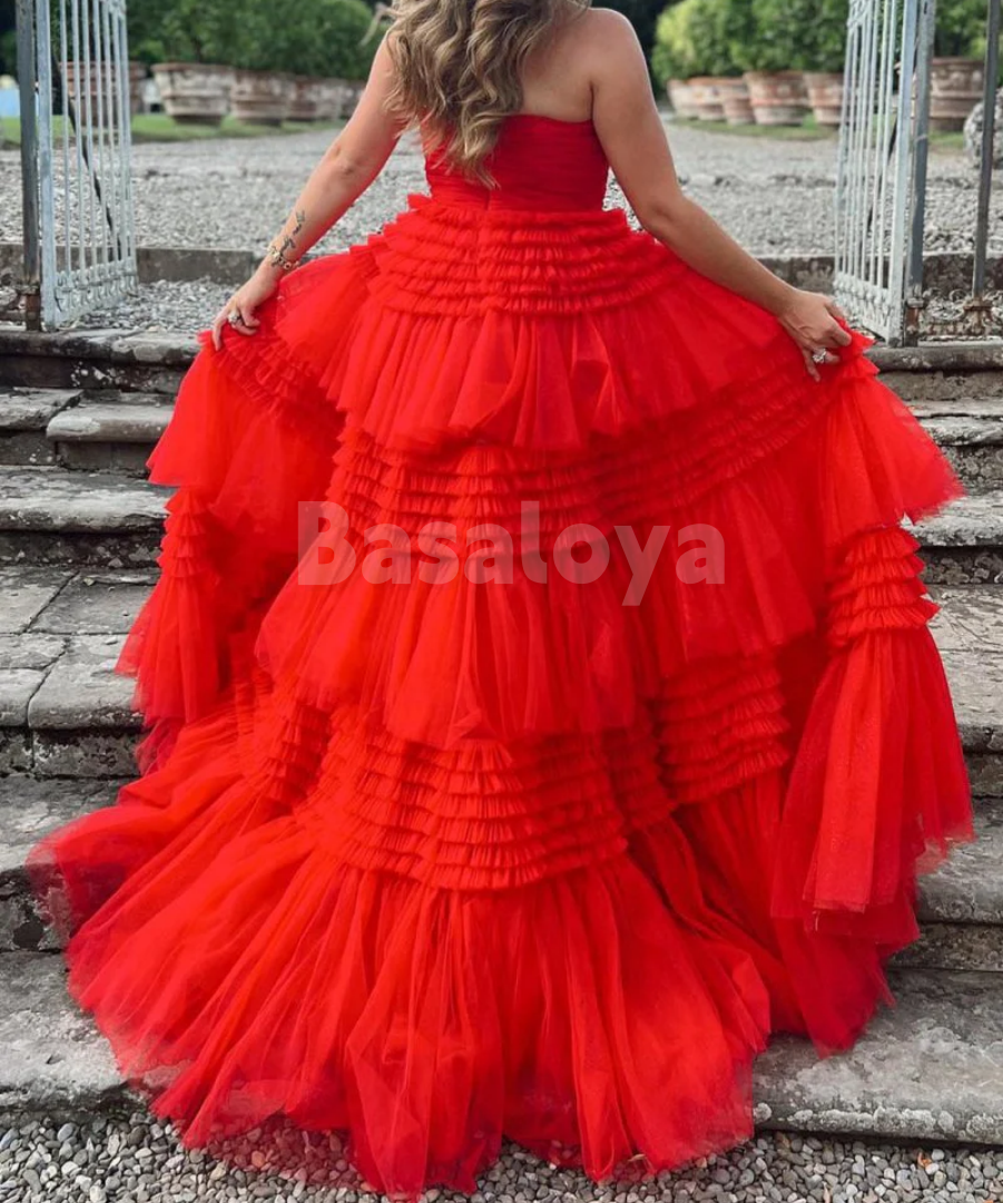 SP0145 Elegant Beige Strapless A-Line Tiered Lace Ball Gown Prom Dress with Slit