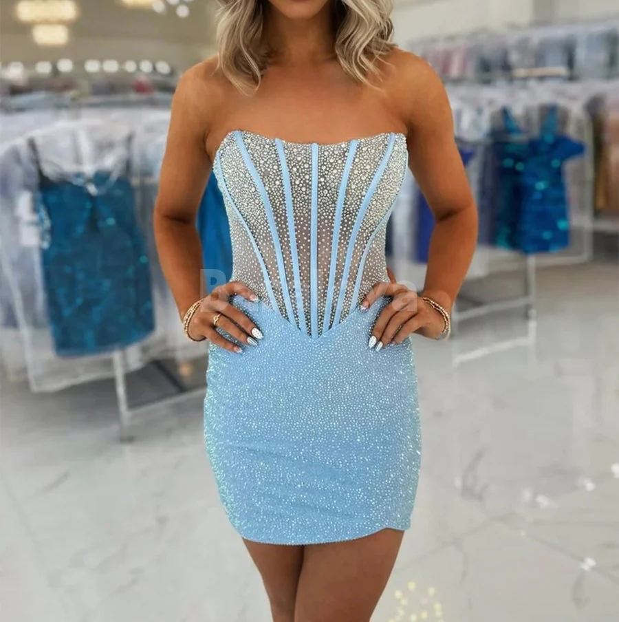 HM0021 Sparkly Beaded Fuchsia Strapless Bodycon Mini Homecoming Dress