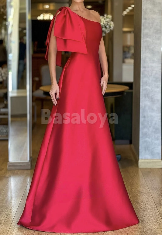 ED0063 Classic Red One Shoulder A-Line Evening Dress with Bow Formal Gown