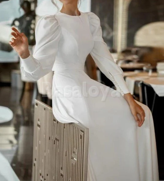 WD0061 Elegant White Long Sleeves A-Line Satin Wedding Dress with Train
